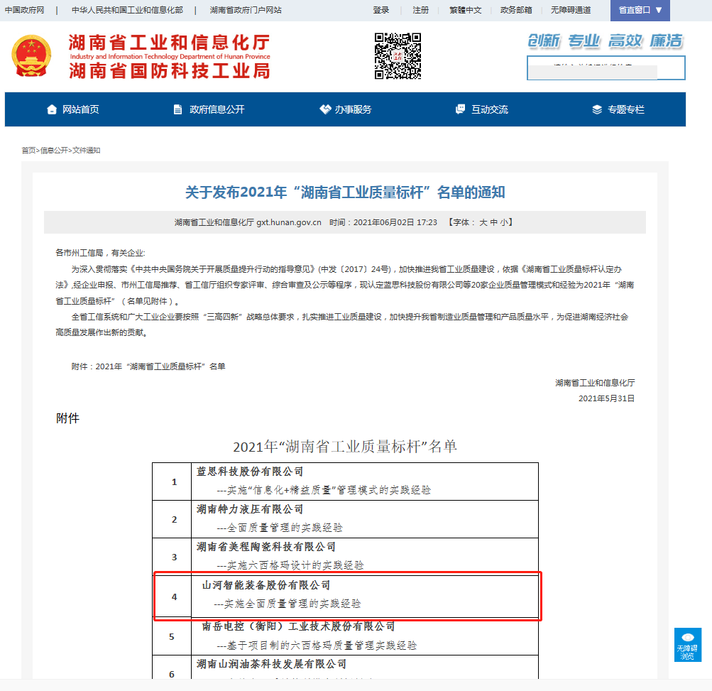 米乐M6智能荣获湖南省工业质量标杆企业